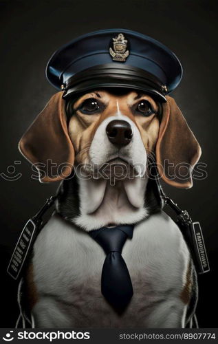 Cute serious dog dressed in police costume on a dark background. Generative AI