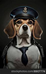 Cute serious dog dressed in police costume on a dark background. Generative AI