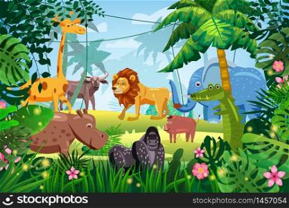 Cute Set Animals in Jungle tropical rainforest background landscape. Lion, giraffe, gorilla, hippo, elefant, buffolo, crocodile warthog pig. Cute Set Animals in Jungle tropical rainforest background landscape. Lion, giraffe, gorilla, hippo, elefant, buffolo, crocodile, warthog pig. Palm trees exotic flora flowers. Vector isolated cartoon style