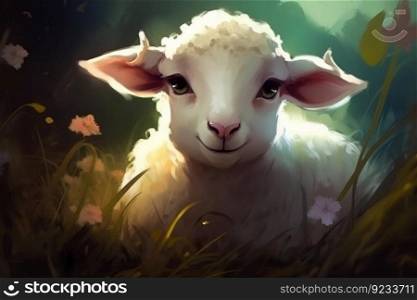 Cute sheep smiling cartoon. White pasture. Generate Ai. Cute sheep smiling cartoon. Generate Ai
