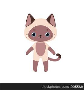 Cute siamese kawaii cat stands isolated on white background