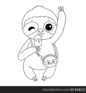 Cute sloth with ice cream and panda bag coloring page illustration