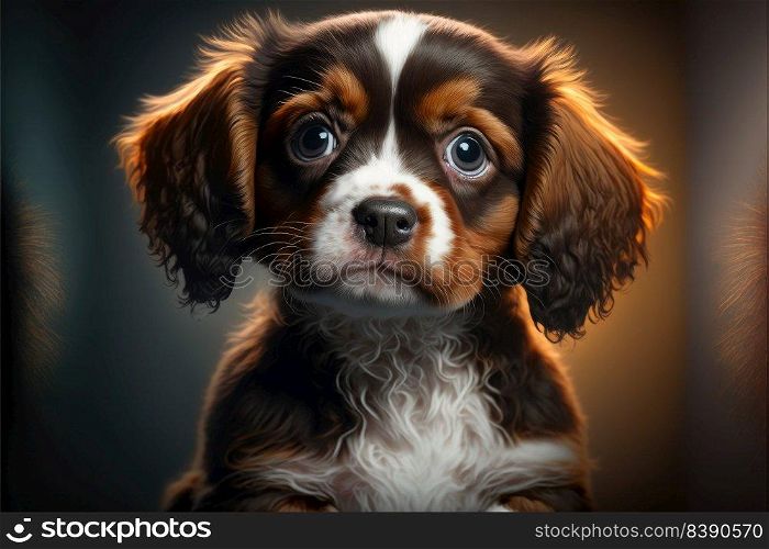 Cute small dog with brown and white hair on a dark background looking at camera. Generative AI