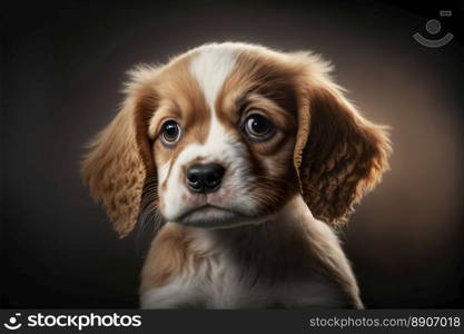 Cute small dog with brown and white hair on a dark background looking at camera. Generative AI