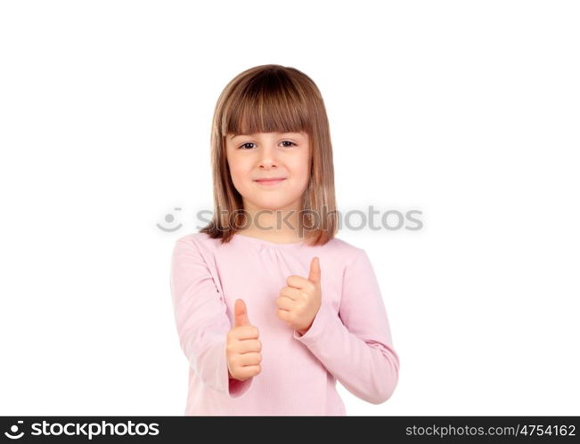 Cute small girl saying Ok isolated on a white background