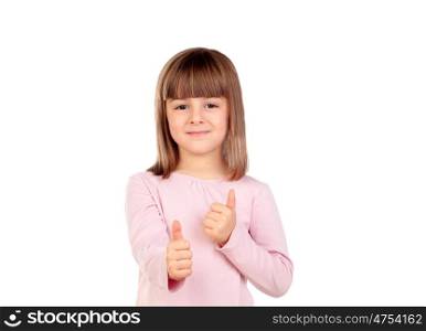 Cute small girl saying Ok isolated on a white background