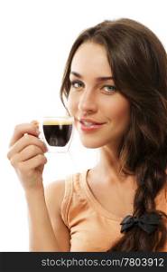cute smiling beautiful woman with a cup of espresso coffee. cute smiling beautiful woman with a cup of espresso coffee on white background