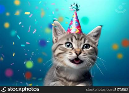 Cute smiling kitty in birthday hat. Party animal. Generate Ai. Cute smiling kitty in birthday hat. Generate Ai