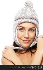 cute smiling woman wearing winter cap. cute smiling woman wearing winter cap on white background