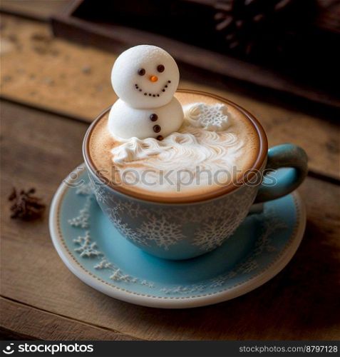 Cute snowman with delicious latte 3d illustrated