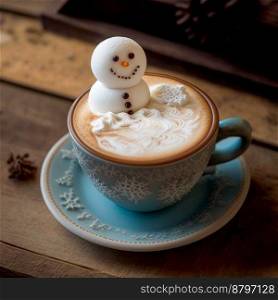 Cute snowman with delicious latte 3d illustrated