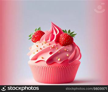 Cute Strawberry Cupcake Illustration AI Generative