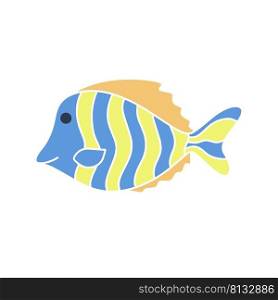 Cute striped fish baby character isolated vector illustration. Underwater marine or ocean dweller drawn icon. Decoration for kids things and design. Cute striped fish baby character isolated vector illustration