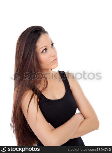 Cute teenager girl with long hair looking up isolated on a white background