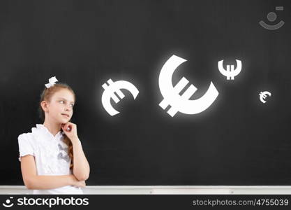 Cute thoughtful school girl and euro sign above her head. Let me think