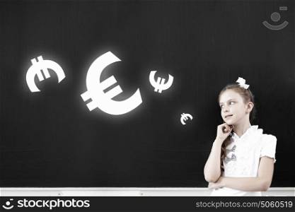 Cute thoughtful school girl and euro sign above her head. Let me think