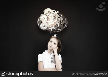 Cute thoughtful school girl and gear mechanism above her head. Let me think