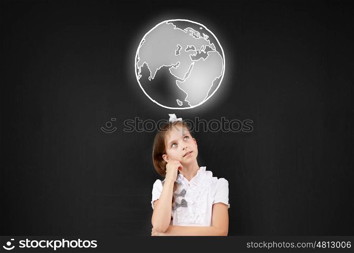 Cute thoughtful school girl and globe above her head. Let me think