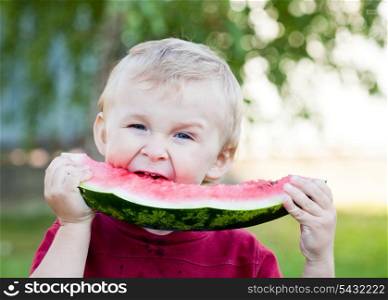 Cute toddler blonde boy is eating watermelon