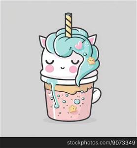 Cute Unicorn Drink Boba Milk Tea. Illustrated Icon on a light background. Generative AI