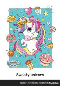 Cute unicorn head with sweets and cakes. Vector cartoon colorful illustration isolated on white background. For coloring book template, print, game, decor, design, T-shirt, dishes badge apparel.. Cute unicorn head with sweets and cakes colorful vector illustration