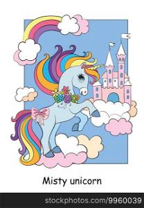 Cute unicorn on cloud and sky castle. Vector cartoon colorful illustration isolated on white background. For coloring book template, print, game, decor, design, T-shirt, dishes badge apparel.. Cute unicorn on cloud and sky castle colorful vector illustration