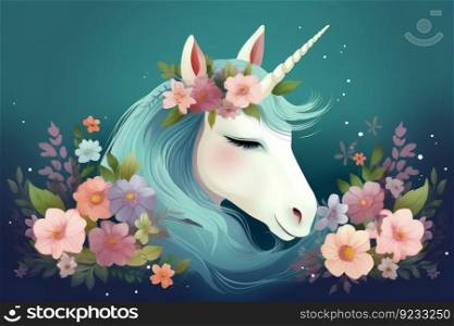 Cute unicorn with flowers. Wild style. Generate AI. Cute unicorn with flowers. Generate AI