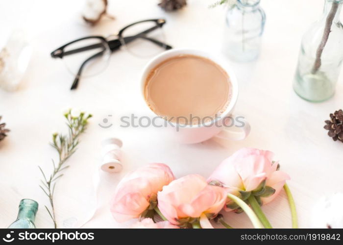 Cute vintage photography with flowers, petals an leaves Flat lay top view. Minimalistic photo for blogs, websites, social media platforms.. Cute vintage photography with flowers. Flat lay top view.