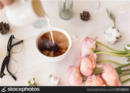 Cute vintage photography with flowers, petals an leaves Flat lay top view. Minimalistic photo for blogs, websites, social media platforms.. Cute vintage photography with flowers. Flat lay top view.