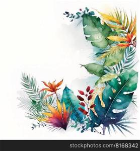 cute vivid colors watercolor border with tropical plants. Illustration Generative AI 