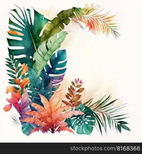 cute vivid colors watercolor border with tropical plants. Illustration Generative AI 