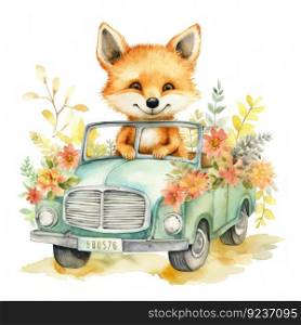 Cute watercolor baby animal in car. Illustration Generative AI 