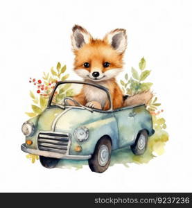 Cute watercolor baby animal in car. Illustration Generative AI
