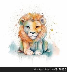 Cute watercolor baby lion. Illustration Generative AI
