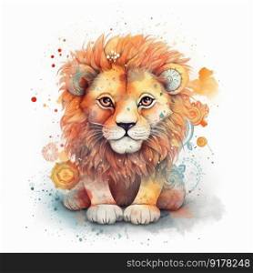 Cute watercolor baby lion. Illustration Generative AI
