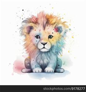 Cute watercolor baby lion. Illustration Generative AI 