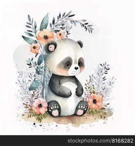 cute watercolor baby panda portrait on white background. Illustration Generative AI 