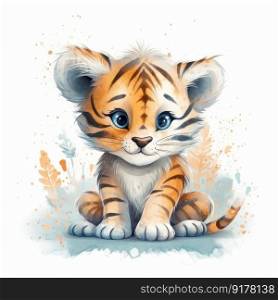 Cute watercolor baby tiger. Illustration Generative AI
