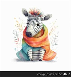 Cute watercolor baby zebra. Illustration Generative AI 