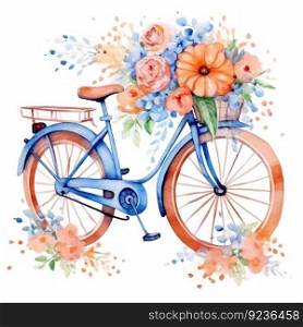 Cute watercolor bicycle with flowers. Illustration Generative AI 