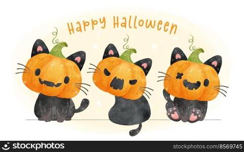 cute watercolor black kitten cat Trick or treat Happy Halloween, cartoon animal pet hand painting vector illustration