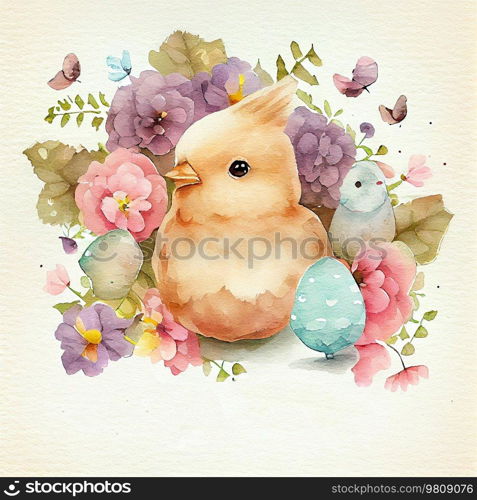 Cute Watercolor Easter Greeting Card Illustration AI Generative