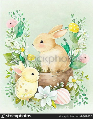 Cute Watercolor Easter Greeting Card Illustration AI Generative