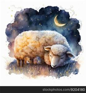 Cute watercolor night sheep. Illustration Generative AI
