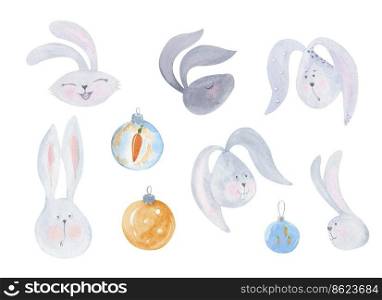Cute watercolor rabbits heads with different emotions. Christmas baubles