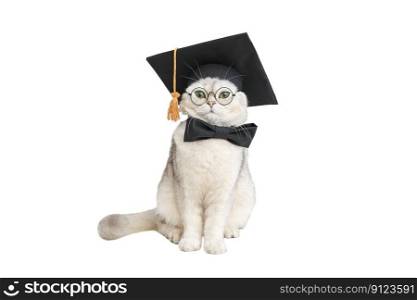 Cute white cat sits in a black graduation hat, bow tie and glasses, isolated on a white background, looks at the camera. Cute white cat sits in a black graduation hat, bow tie and glasses, isolated on a white background