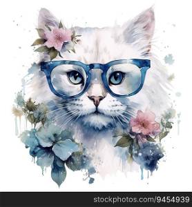Cute White Cat With Floral And Eyewear. AI generated image