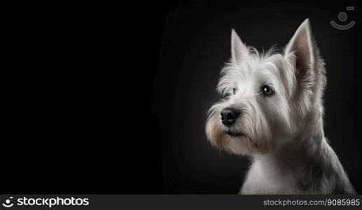 Cute white dog on dark background. Generative AI