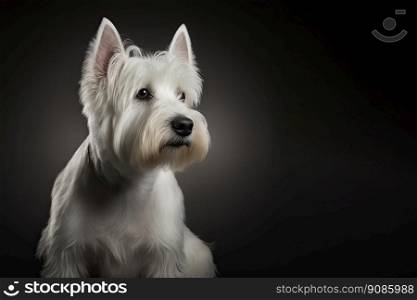 Cute white dog on dark background. Generative AI