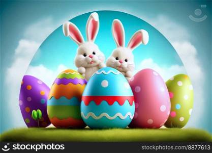 Cute white funny bunnies behind painted color easter eggs. Colorful Easter eggs with two cute bunnies. 3D illustration.